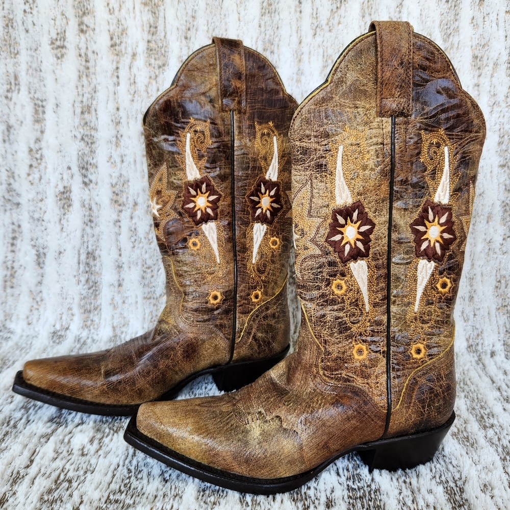 J.B. Dillon Distressed Leather Western Cowboy Boots Tan Floral | Women's Size 5B - Picture 1 of 12
